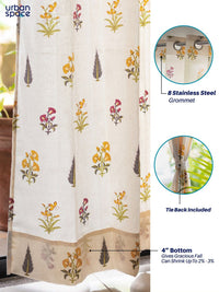 URBAN SPACE Cream-Colored & Yellow 2-Pieces Floral Cotton Long Door Curtains