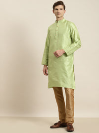 SOJANYA Men Green Striped Kurta with Churidar & Nehru Jacket