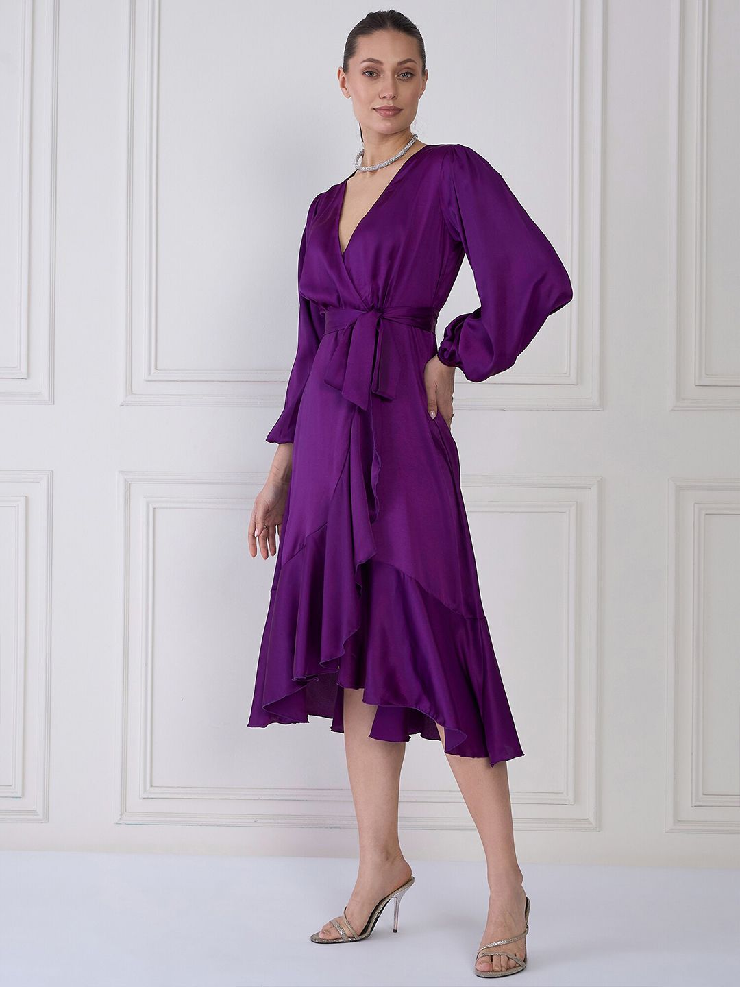 Antheaa Purple V-Neck Cuffed Sleeves Layered Satin Midi Wrap Dress