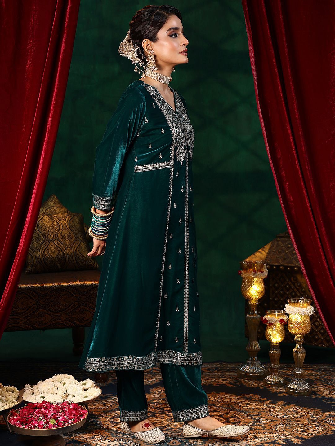 Libas Ethnic Motifs Embroidered Velvet A-Line Kurta With Trousers & Dupatta