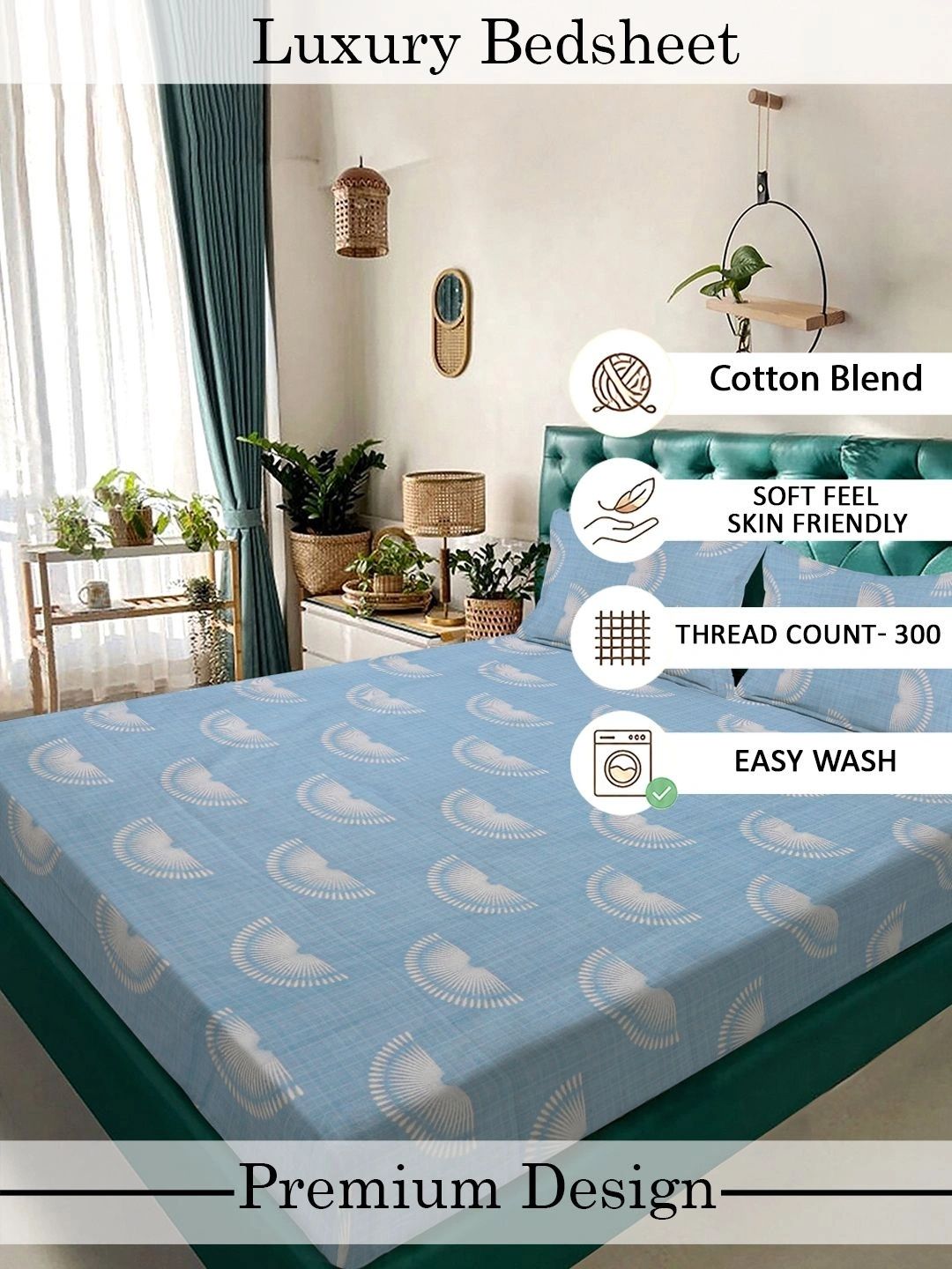 Moda Rapido X KLOTTHE Biru Geometrik 300 TC Cadar King dengan 2 Sarung Bantal