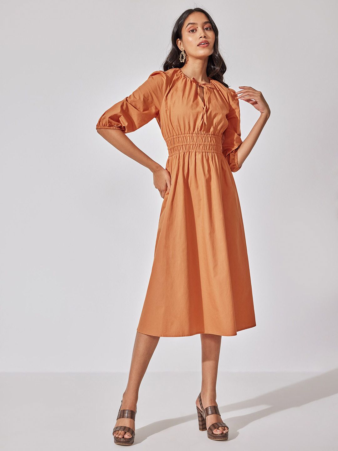 The Label Life Tie-Up Neck Smocked Fit & Flare Cotton Midi Dress