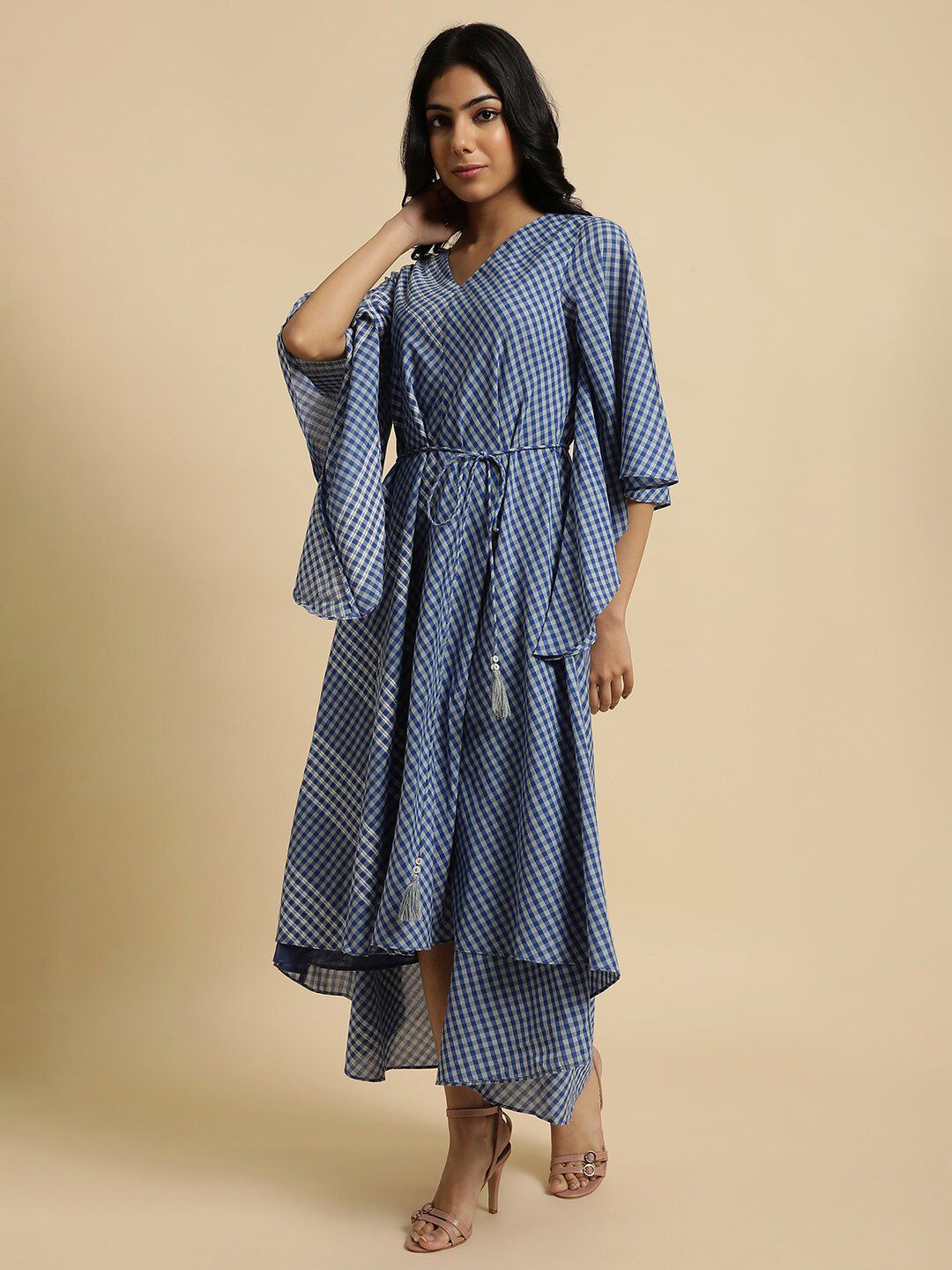 W Checked Kimono Sleeves Kaftan Pure Cotton Midi Dress