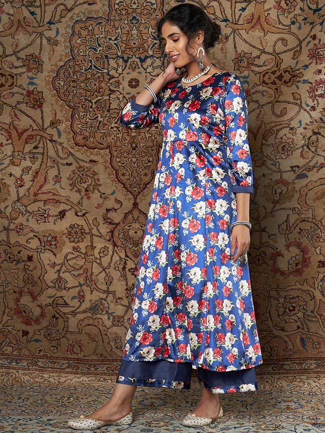 Shae by SASSAFRAS Women Blue Floral Printed Pleated Velvet Kurta with Palazzos