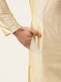 SOJANYA Men Cream-Coloured & Navy Blue Solid Kurta with Churidar & Jacket