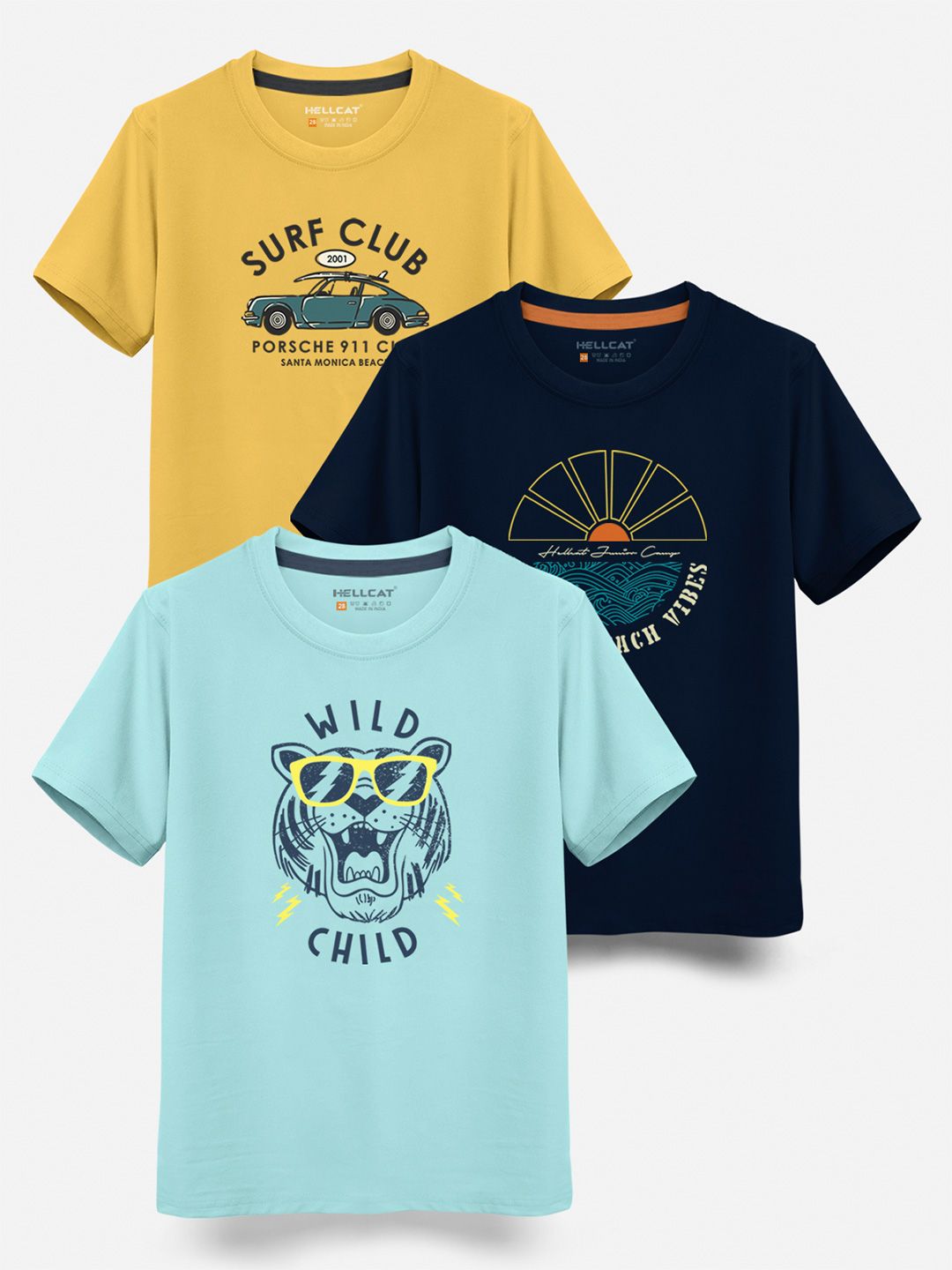 HELLCAT Boys Pack Of 3 Graphic Printed Cotton T-shirt