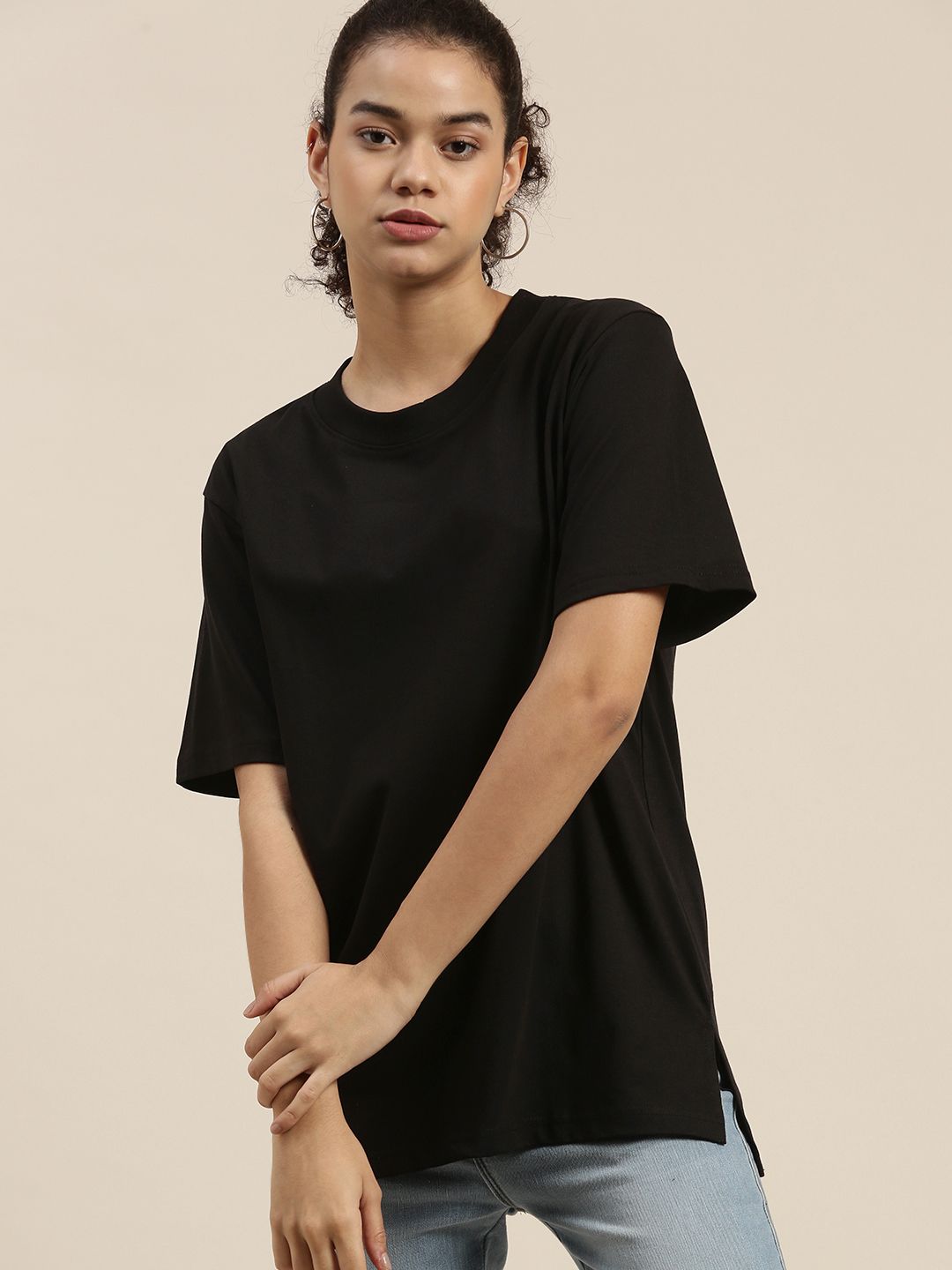 DILLINGER Women Black Loose Pure Cotton T-shirt