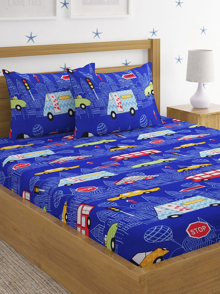 HOSTA HOMES Kids Blue & Red Printed 210 TC Queen Flat Bedsheet with 2 Pillow Covers