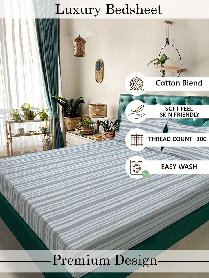 Myntra Elegant Homes Grey & White Striped 300 TC King Bedsheet with 2 Pillow Covers