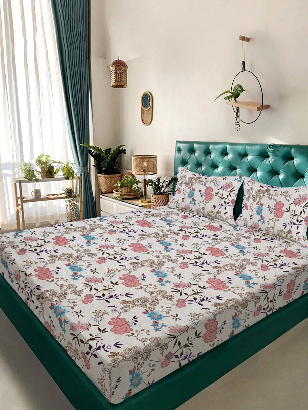 KLOTTHE Floral Pink Flat Printed 300 TC Double King Fine Bedsheet Dengan 2 Sarung Bantal