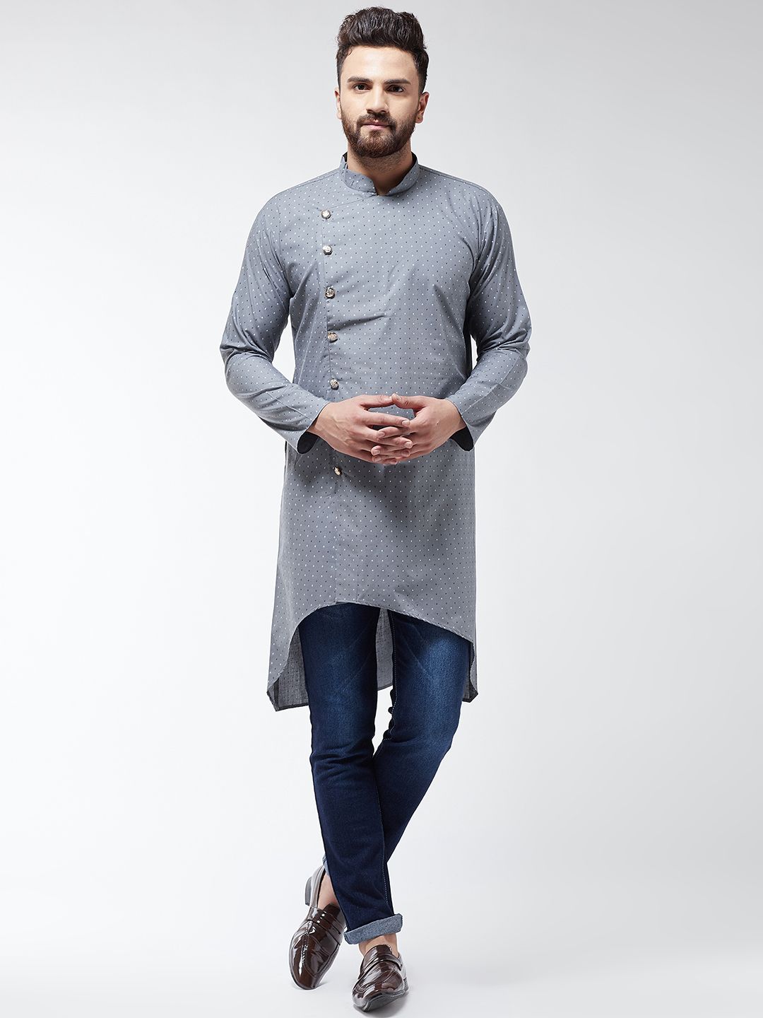 SOJANYA Men Grey Printed Cotton Linen Straight Kurta
