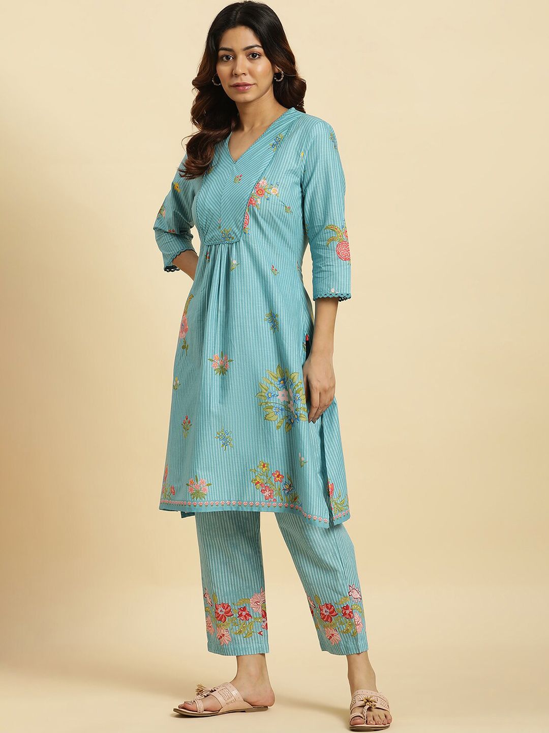 W Floral Printed V-Neck Pure Cotton A-Line Kurta & Trousers With Dupatta