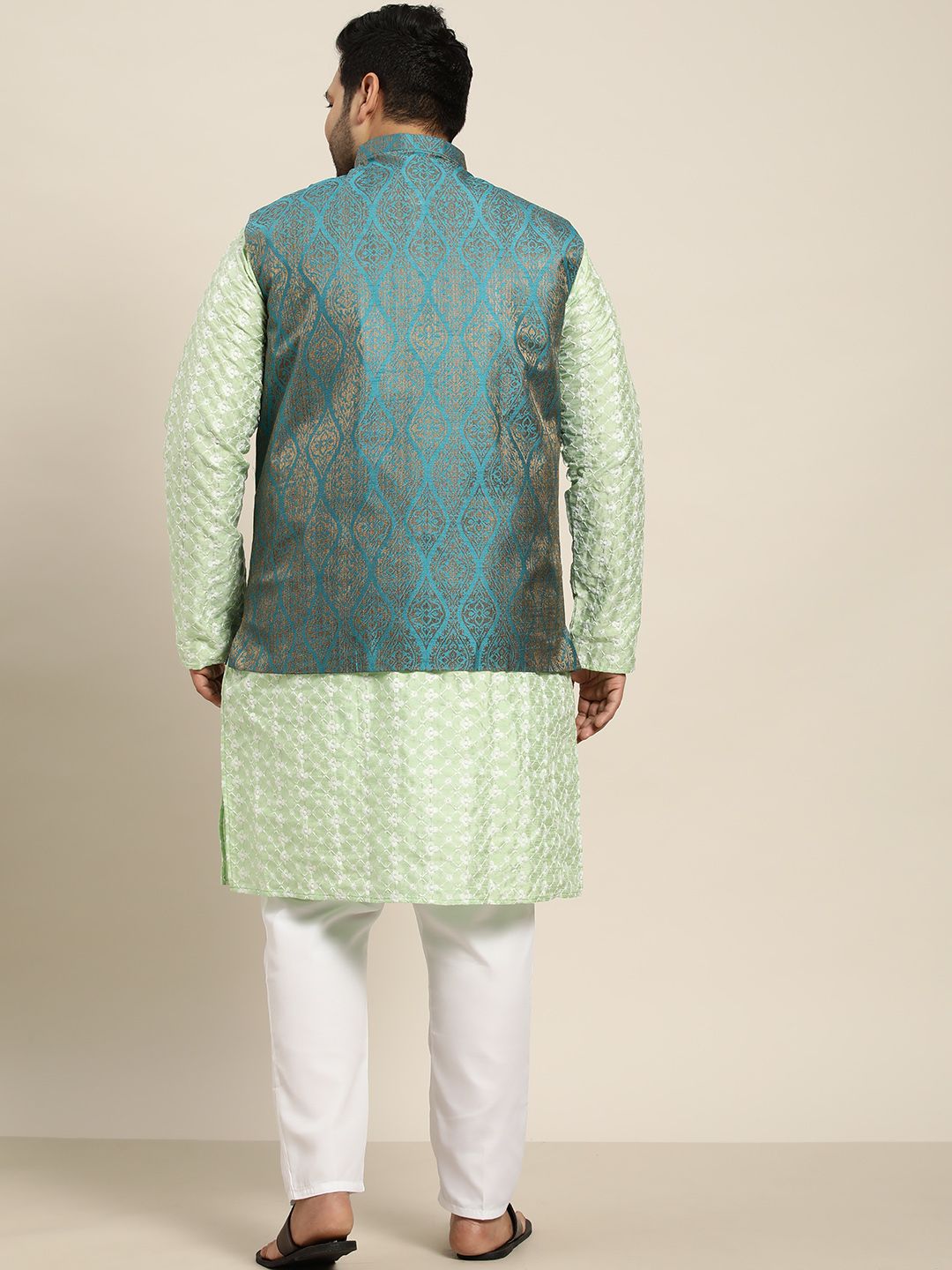 SOJANYA PLUS Men Sea Green Chikankari Embroidered Kurta with Churidar & Nehru Jacket