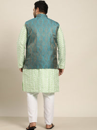 SOJANYA PLUS Men Sea Green Chikankari Embroidered Kurta with Churidar & Nehru Jacket