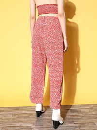 Berrylush Women Red Floral Printed Relaxed Loose Fit High-Rise Trousers