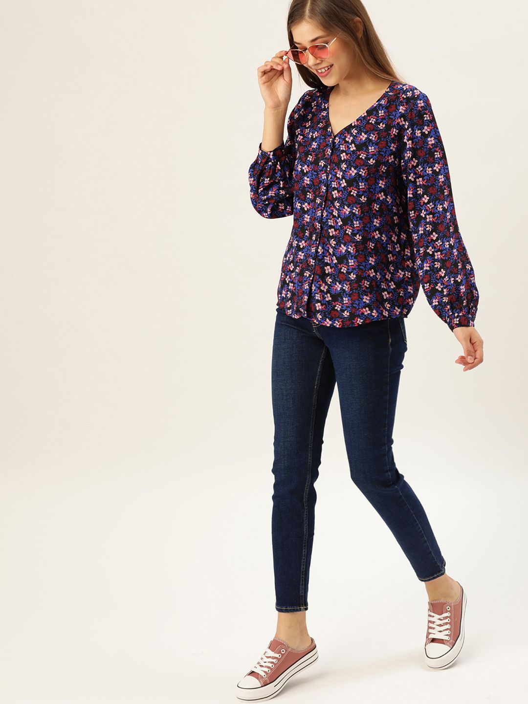 DressBerry Blue & Pink Floral V-Neck Top