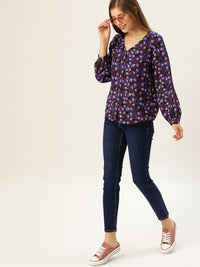 DressBerry Blue & Pink Floral V-Neck Top