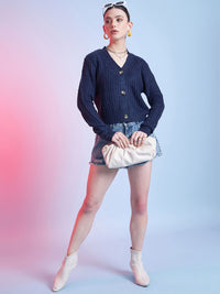 STREET 9 Blue Ribbed Cardigan Acrylic Sweater