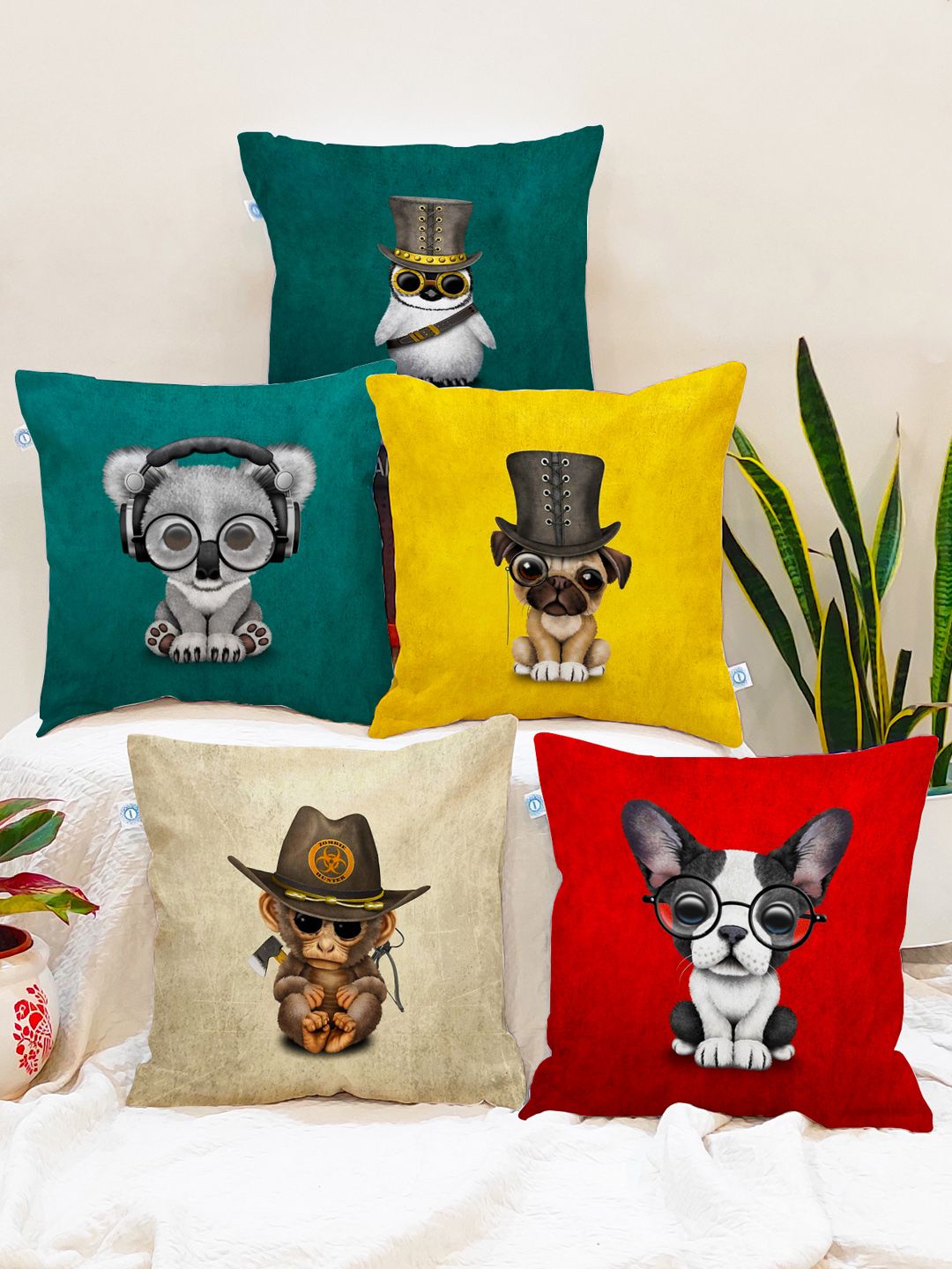 STITCHNEST Multicoloured Set of 5 Cartoon Characters Square Cushion Covers