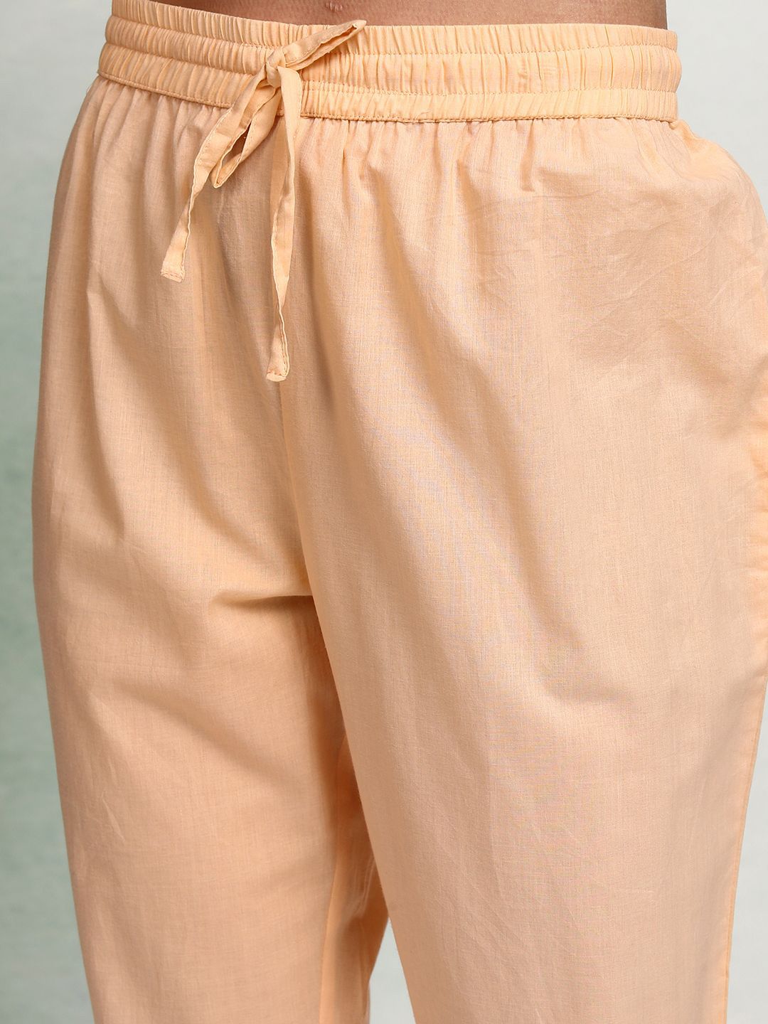 Vishudh Peach Coloured Embroidered Pure Cotton Straight Kurta with Trousers & With Dupatta