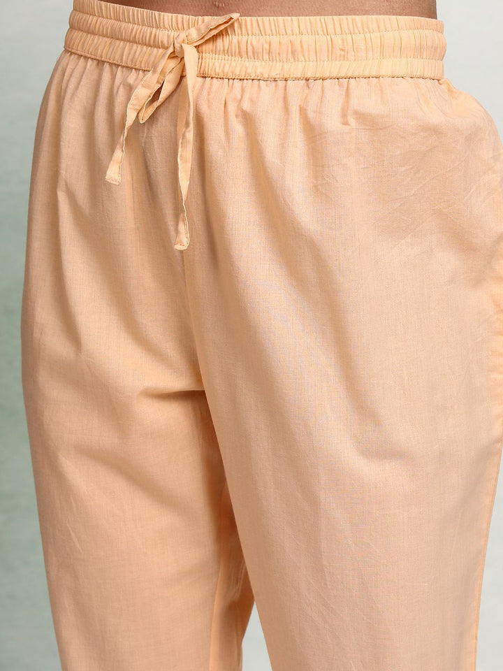Vishudh Peach Coloured Embroidered Pure Cotton Straight Kurta with Trousers & With Dupatta