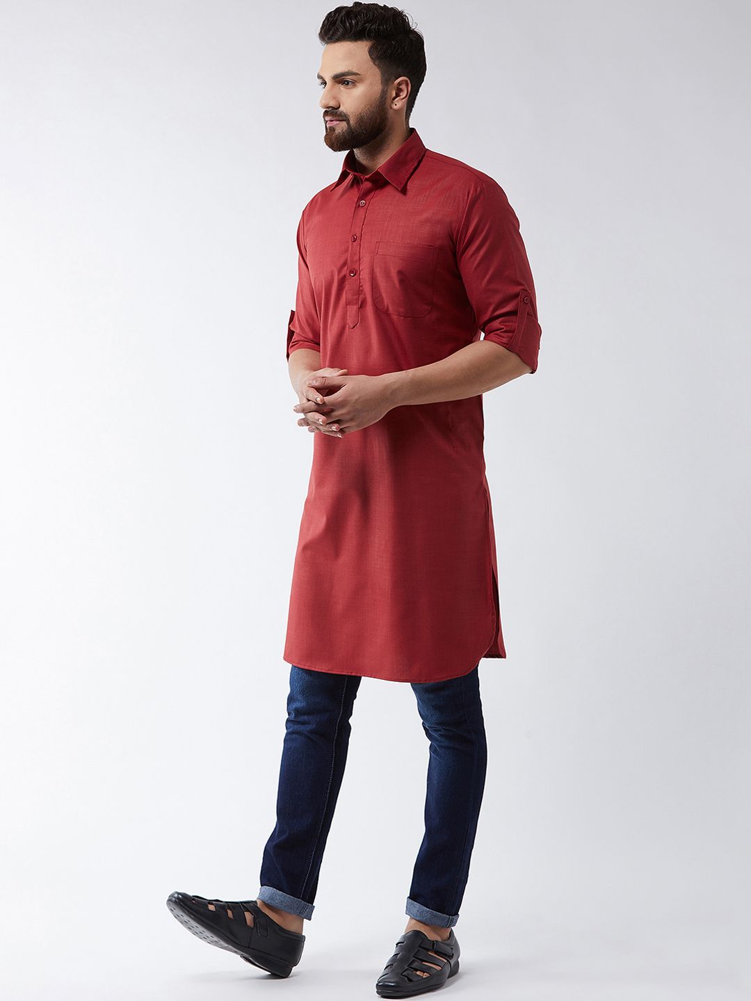 SOJANYA Men Maroon Solid Pathani Kurta
