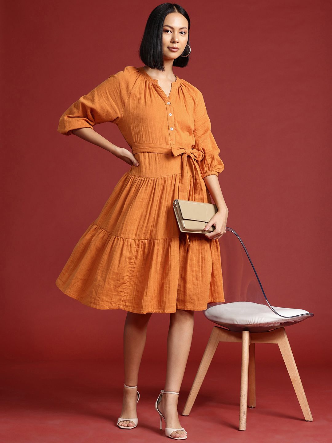 all about you Cotton Tiered A-Line Dress with Belt