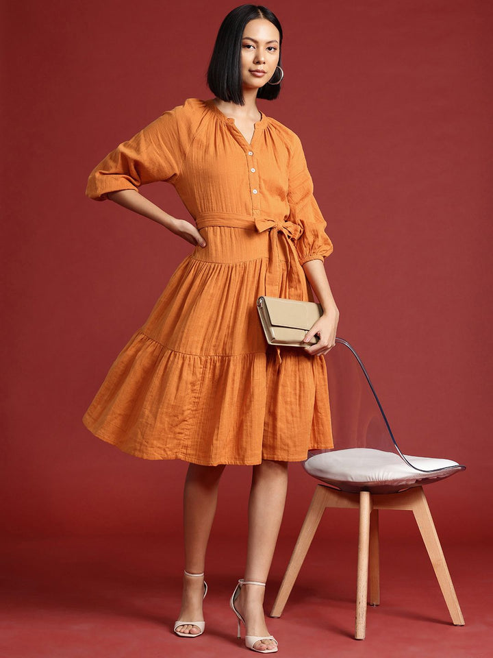 all about you Cotton Tiered A-Line Dress with Belt