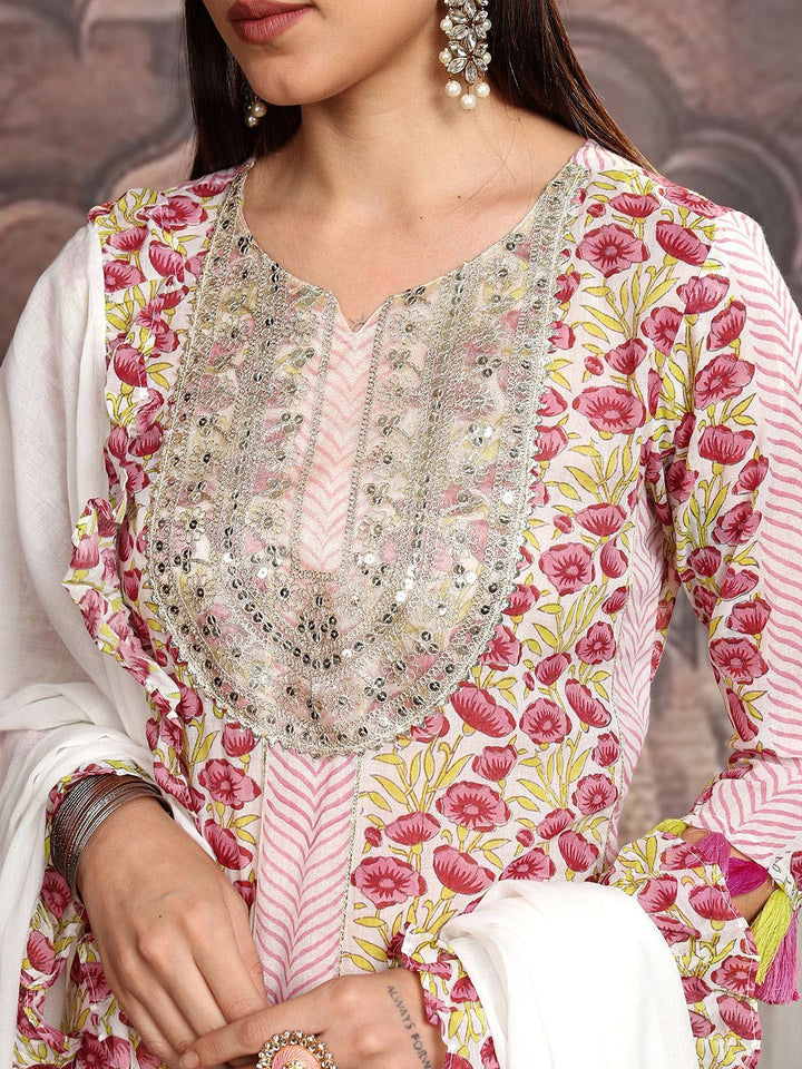 Vishudh Women Floral Printed Regular Pure Cotton Kurta with Trousers & With Dupatta