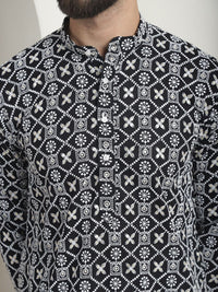 SOJANYA Geometric Printed Mandarin Collar Long Sleeves Cotton Thread Work Kurta
