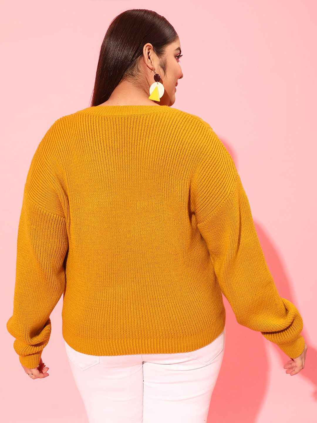 CURVY STREET Plus Size Women Mustard Cable Knit Acrylic Pullover