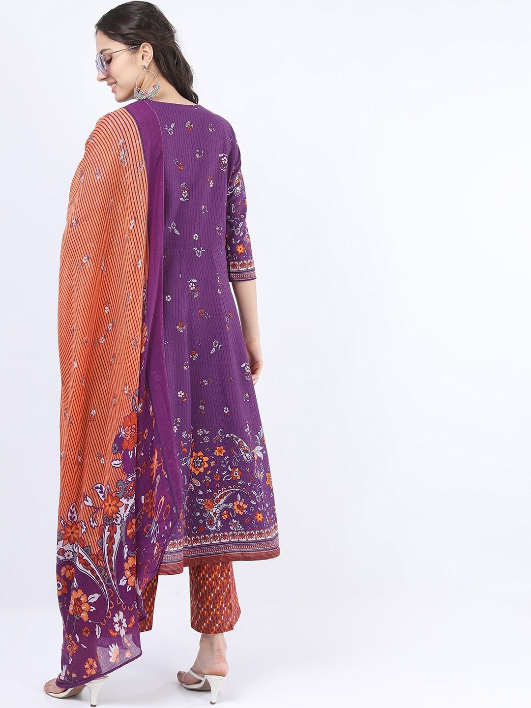 Vishudh Women Purple Ethnic Motifs Printed Panelled Pure Cotton Kurta with Palazzos & With Dupatta