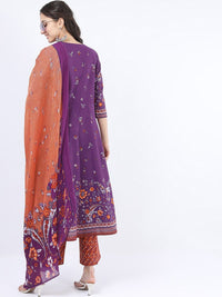 Vishudh Women Purple Ethnic Motifs Printed Panelled Pure Cotton Kurta with Palazzos & With Dupatta