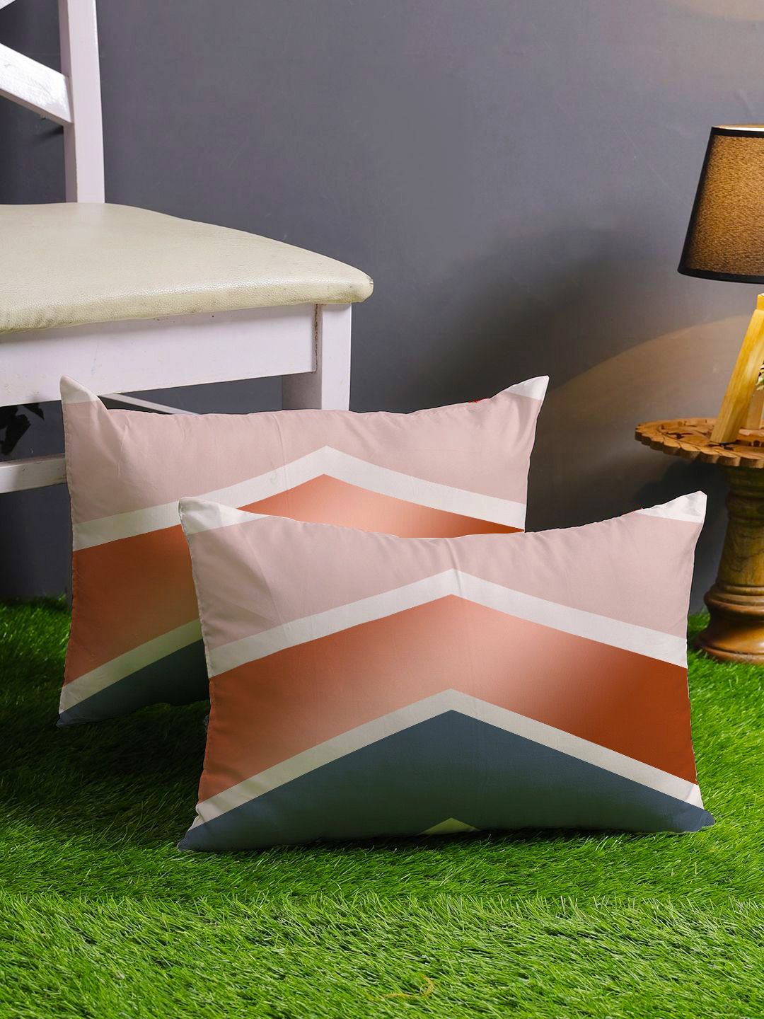 STITCHNEST Blue & Orange Set of 2 Geometric Rectangle Cushion Covers