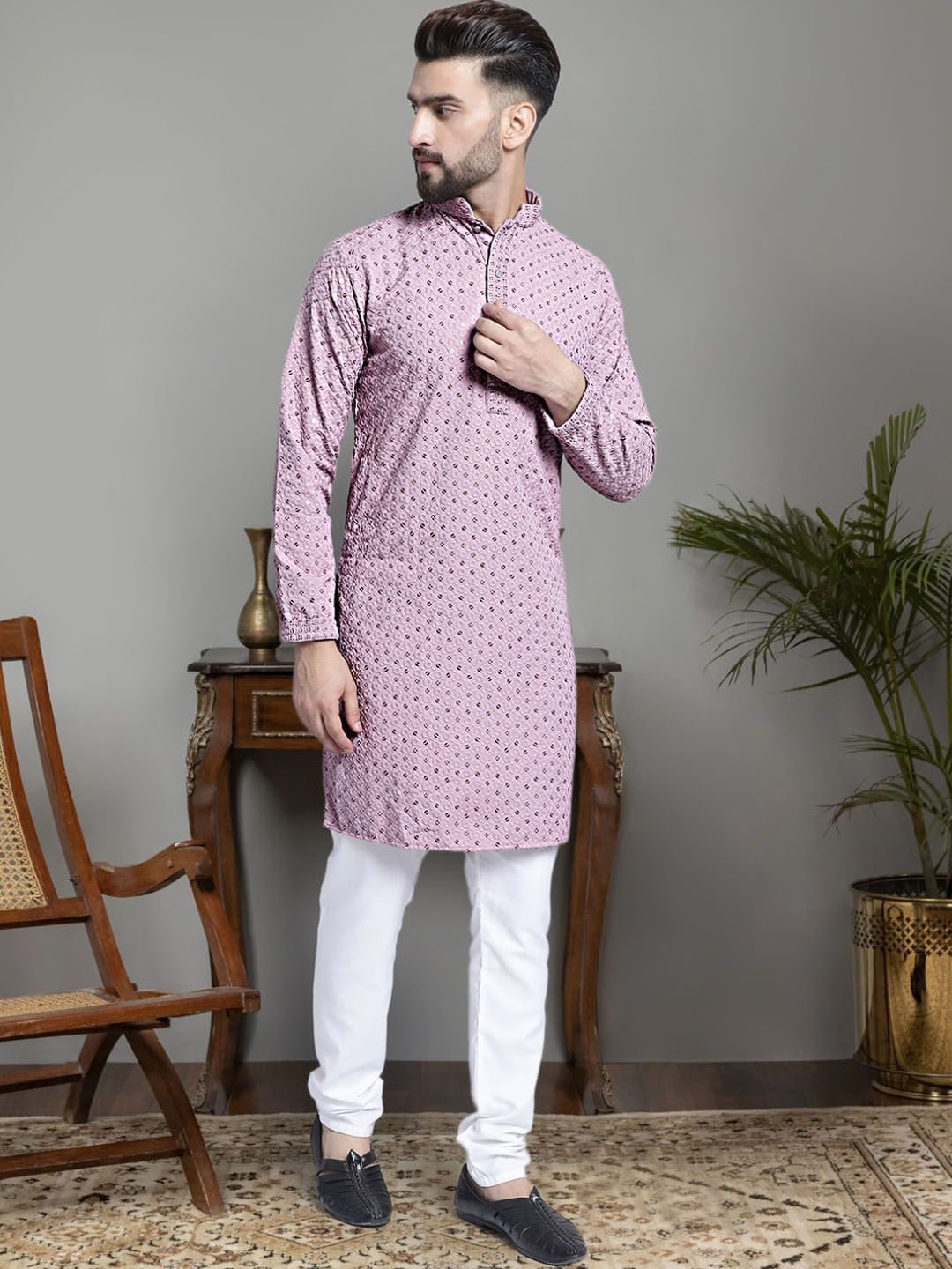 Jompers Ethnic Motifs Embroidered Chikankari Sequinned Pure Cotton Kurta With Churidar
