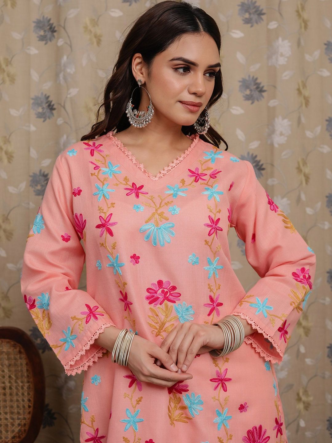 HOUSE OF KARI Floral Embroidered Pastels Cotton Straight Kurta