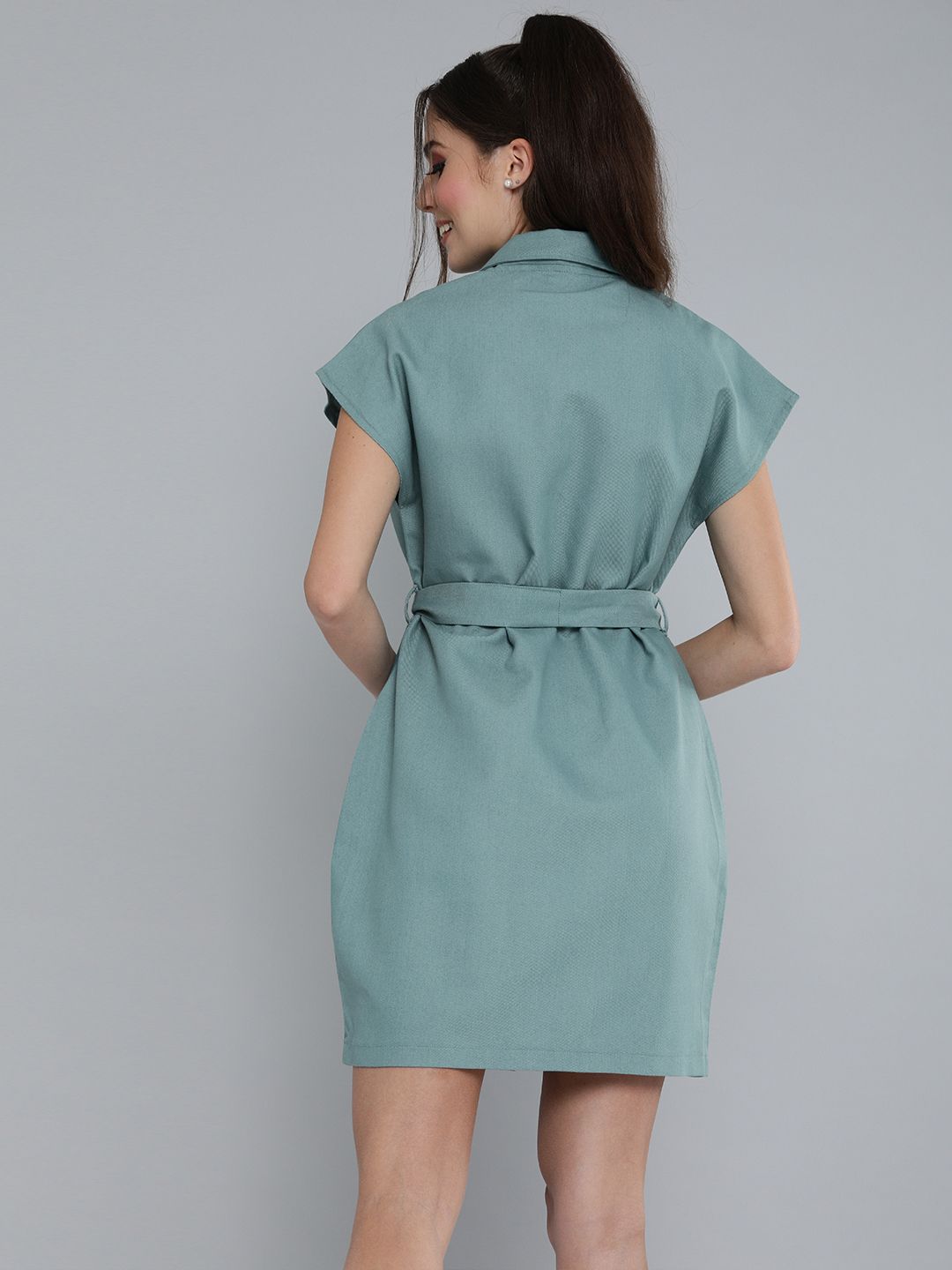 SASSAFRAS Sea Green Extended Sleeved Shirt Dress With Waist Tie-Up Detail