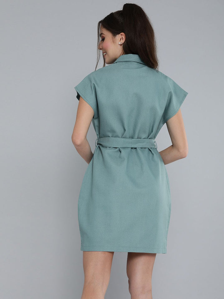 SASSAFRAS Sea Green Extended Sleeved Shirt Dress With Waist Tie-Up Detail