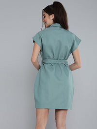 SASSAFRAS Sea Green Extended Sleeved Shirt Dress With Waist Tie-Up Detail