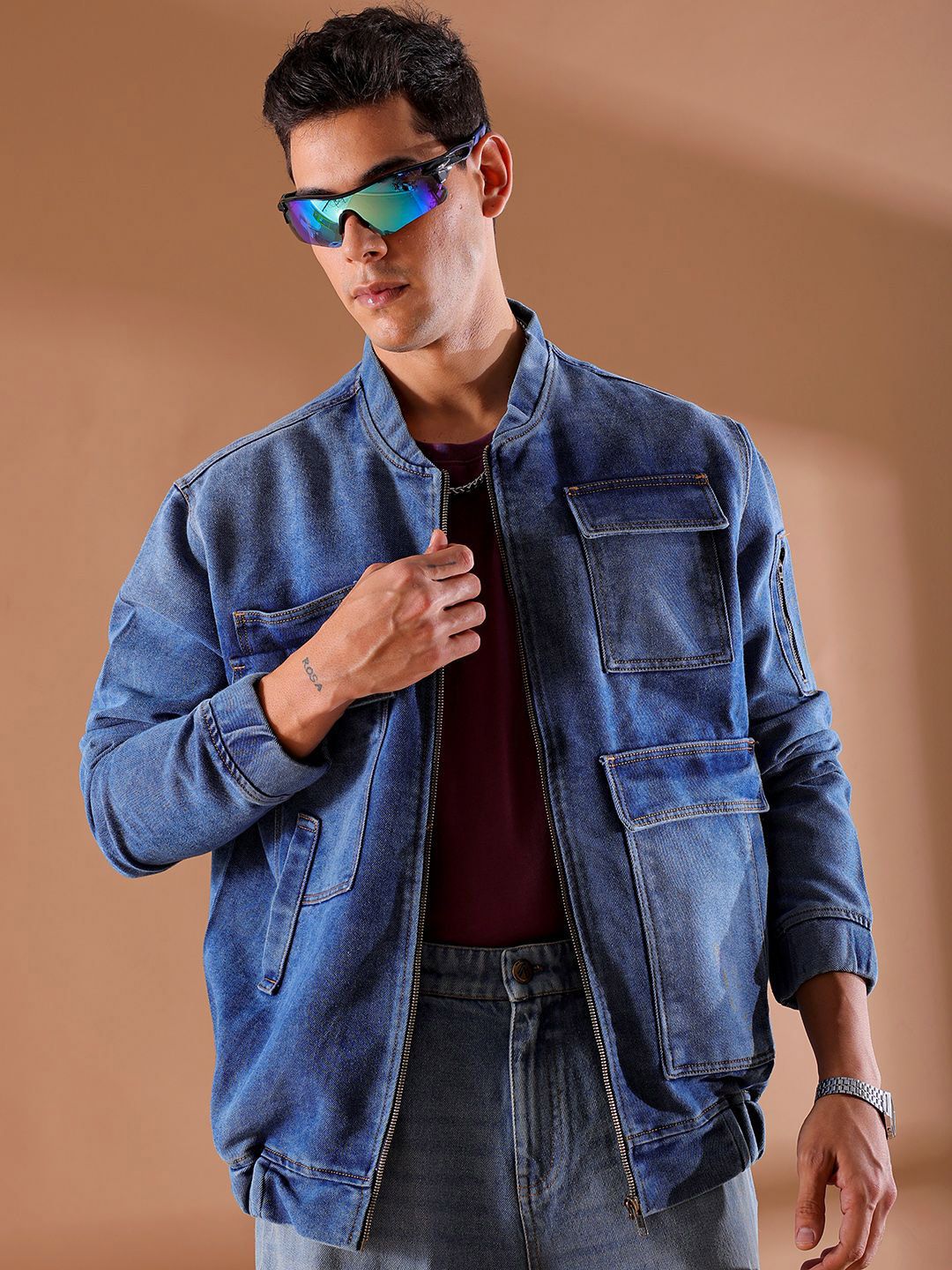 The Indian Garage Co Men Washed Outdoor Denim Jacket with Embroidered