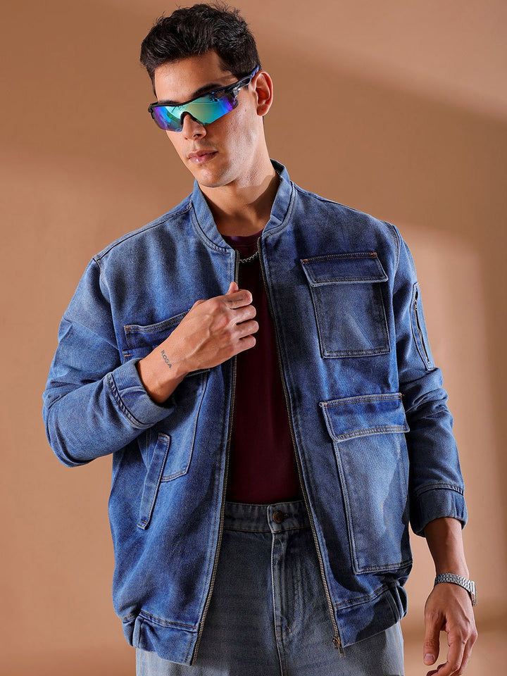 The Indian Garage Co Men Washed Outdoor Denim Jacket with Embroidered