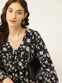 DressBerry Floral Print Tie-Up Neck Puff Sleeves Empire Top