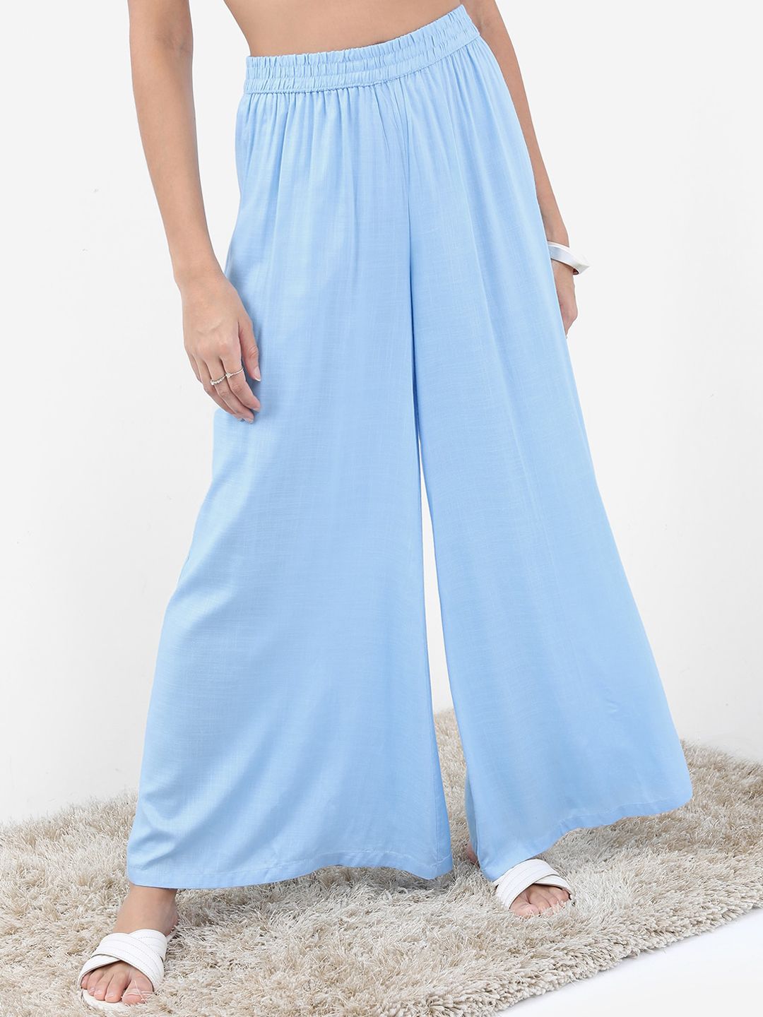 Vishudh Blue Floral Embroidered Keyhole Neck Straight Kurta With Palazzos