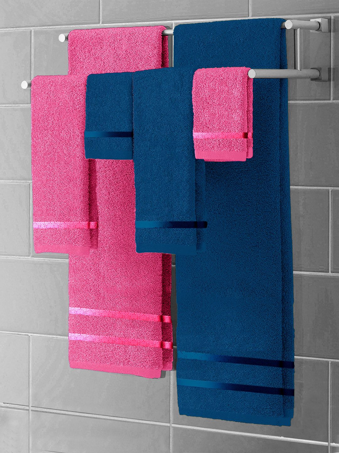 Story@home Navy Blue & Pink 6 Pieces Solid 450 GSM Towel Set