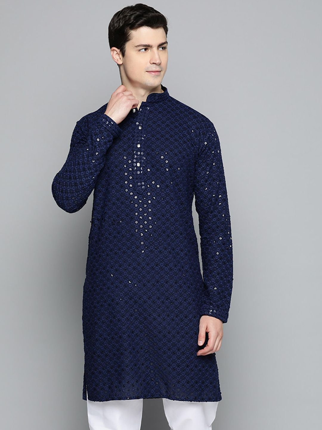 Jompers Men Ethnic Motifs Mirror Work Cotton Kurta