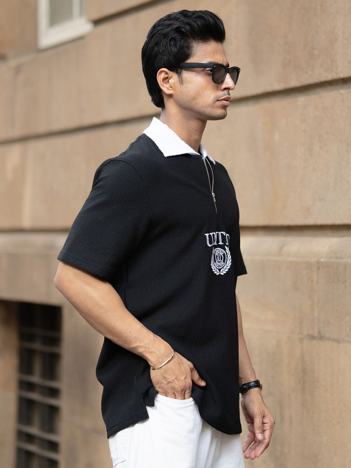 Powerlook Men Typography Printed Polo Collar Drop-Shoulder Sleeves T-shirt