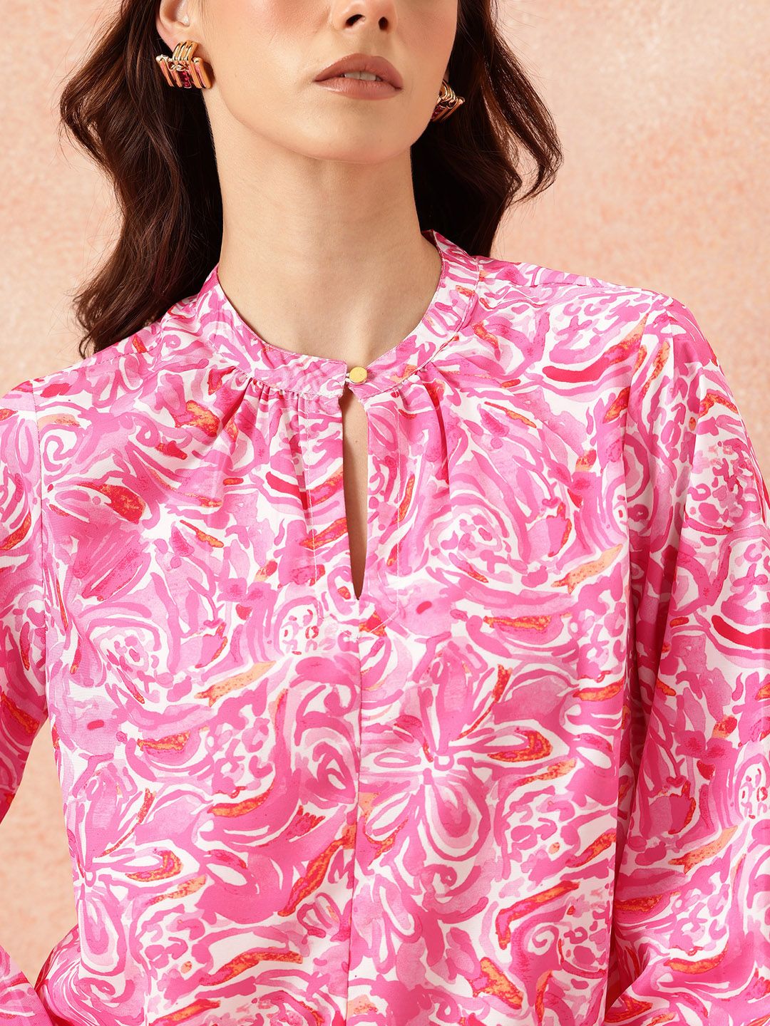 all about you Abstract Print Mandarin Collar Bishop Sleeves Top