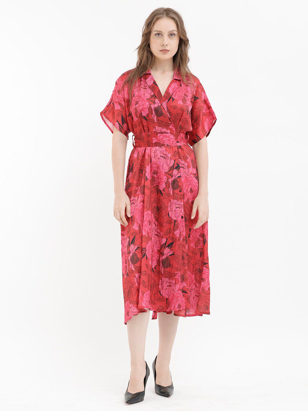 RAREISM Floral Print V-Neck Fit & Flare Midi Dress