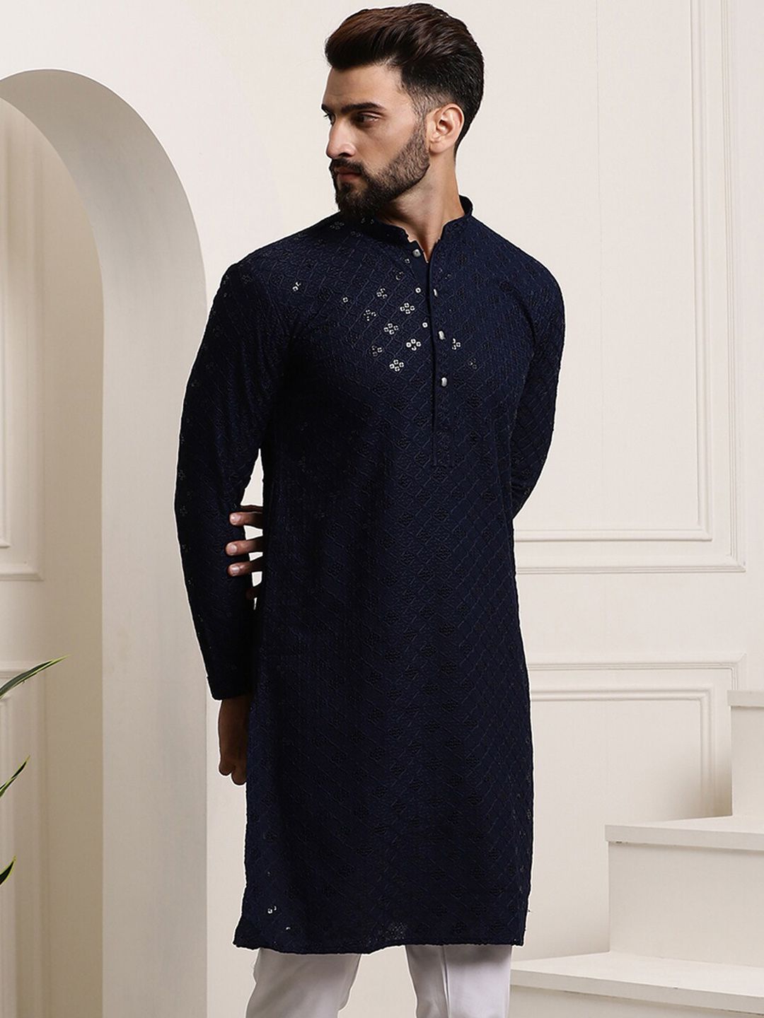 SOJANYA Kurta Lurus Labuci Sulam Geometrik Kapas Tulen