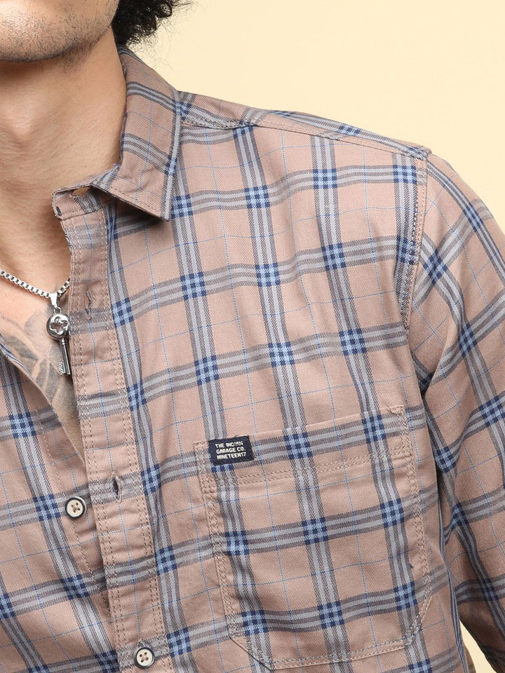 The Indian Garage Co Men Beige & Navy Blue Slim Fit Printed Casual Shirt